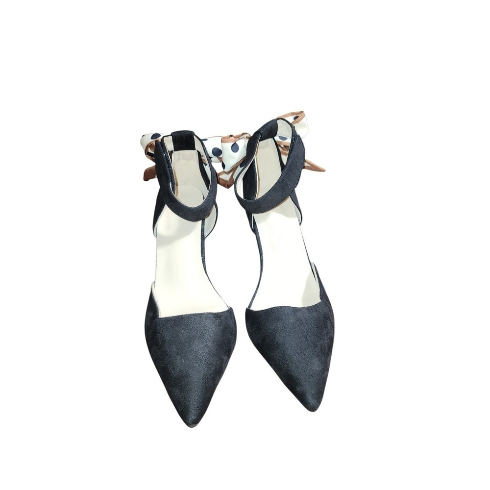 D'Orsay Pumps Women 40 Black Faux Suede Polka Dot Scarf Bow Stiletto Heels Chic - Picture 5 of 7